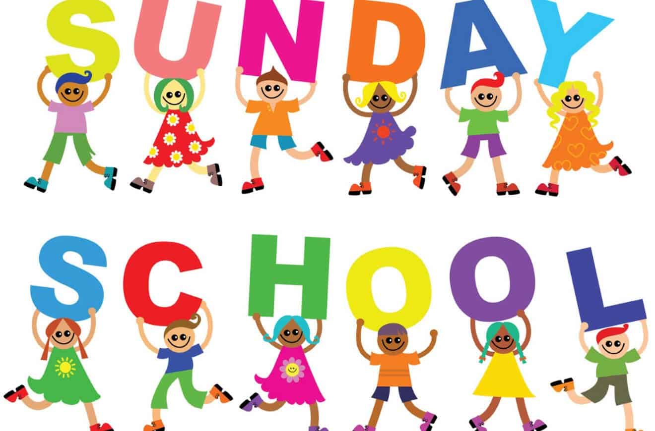 different kids characters holding each letter of sunday school