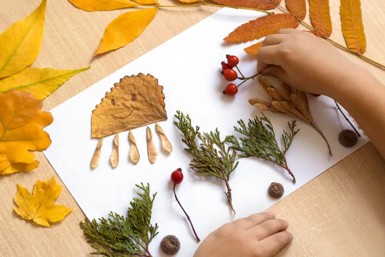 Child’s hands arranging autumn leaves, berries, and other natural materials on a piece of white paper to create a collage, including a face made of a leaf.