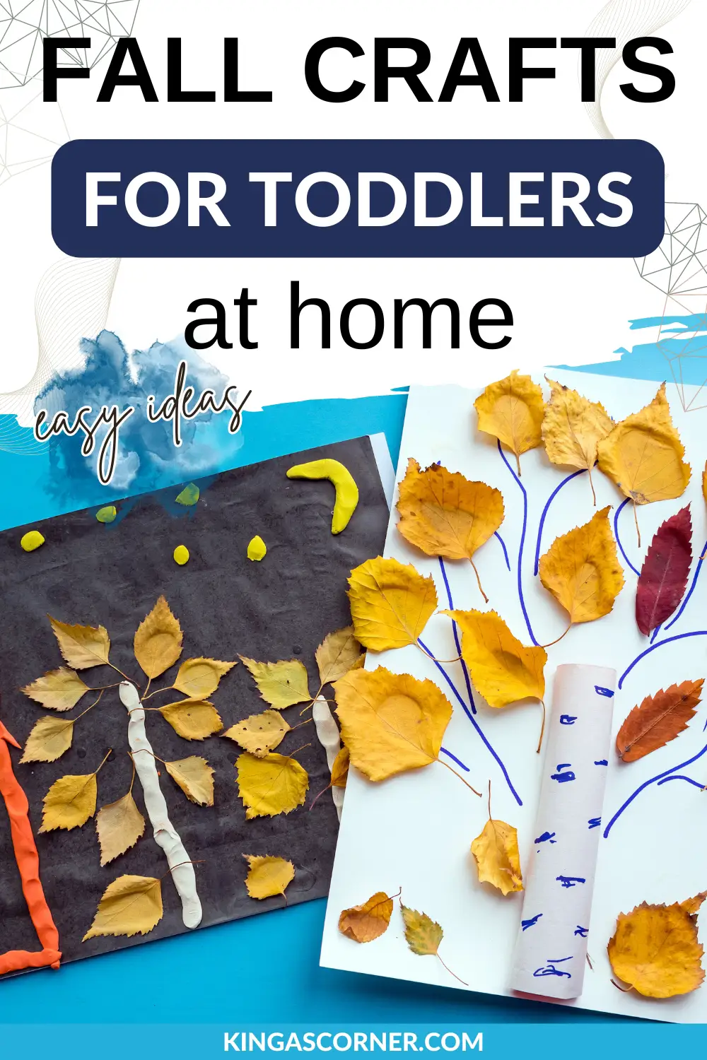Two autumn-themed crafts for toddlers: one with yellow clay caterpillars and leaves on black paper, and the other with orange leaves arranged into various designs on white paper.