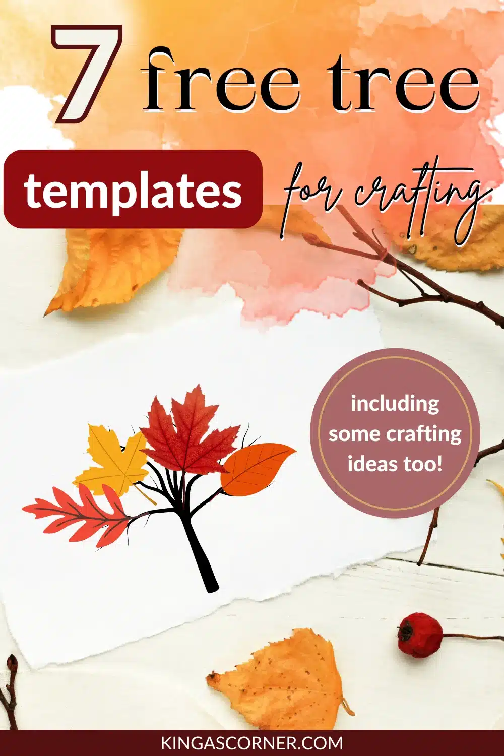 Autumn-themed image with text promoting free tree templates for crafting, featuring colorful leaves and a branch illustration.