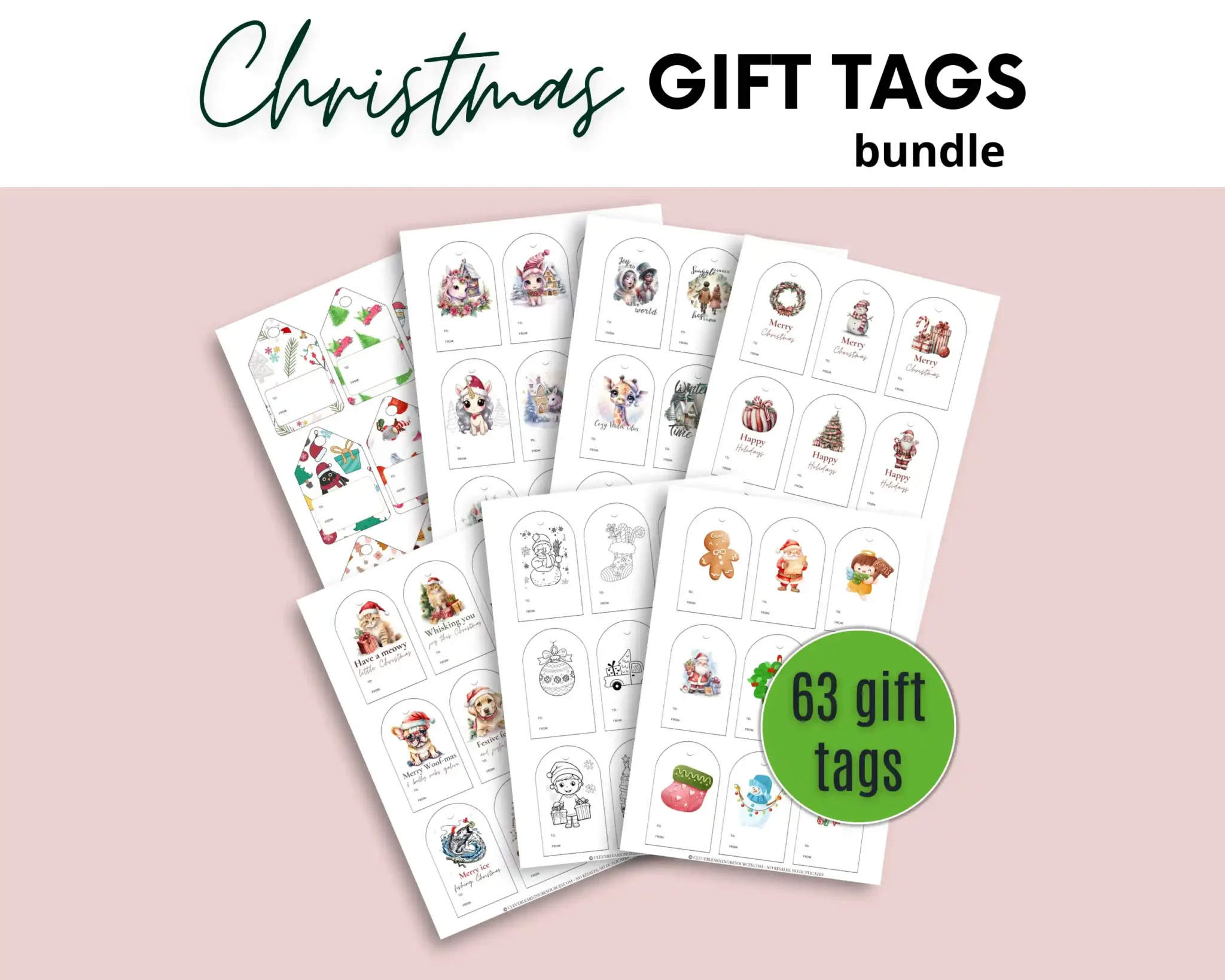 A bundle of Christmas gift tags printable options is displayed, featuring various festive designs. The text reads "63 gift tags.