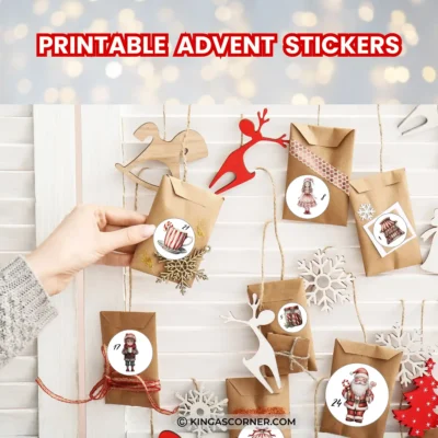 Christmas stickers – candy cane (4) Hand placing a small brown package with a sticker on a wall display of advent bags, each marked with festive stickers and numbers. Text above reads "Printable Advent Stickers.