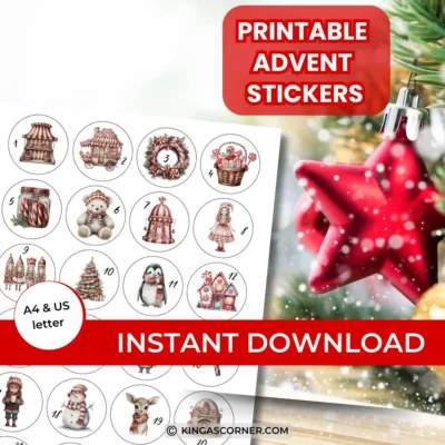 Printable advent stickers, featuring festive designs like candy cane stickers, sit next to a red star ornament. Available in A4 and US letter sizes as an instant download.