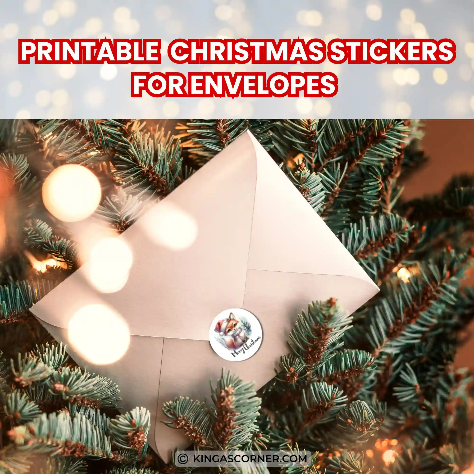 A beige envelope with a Christmas sticker is nestled in a decorated tree. Text above reads, "Printable Christmas Stickers for Envelopes.