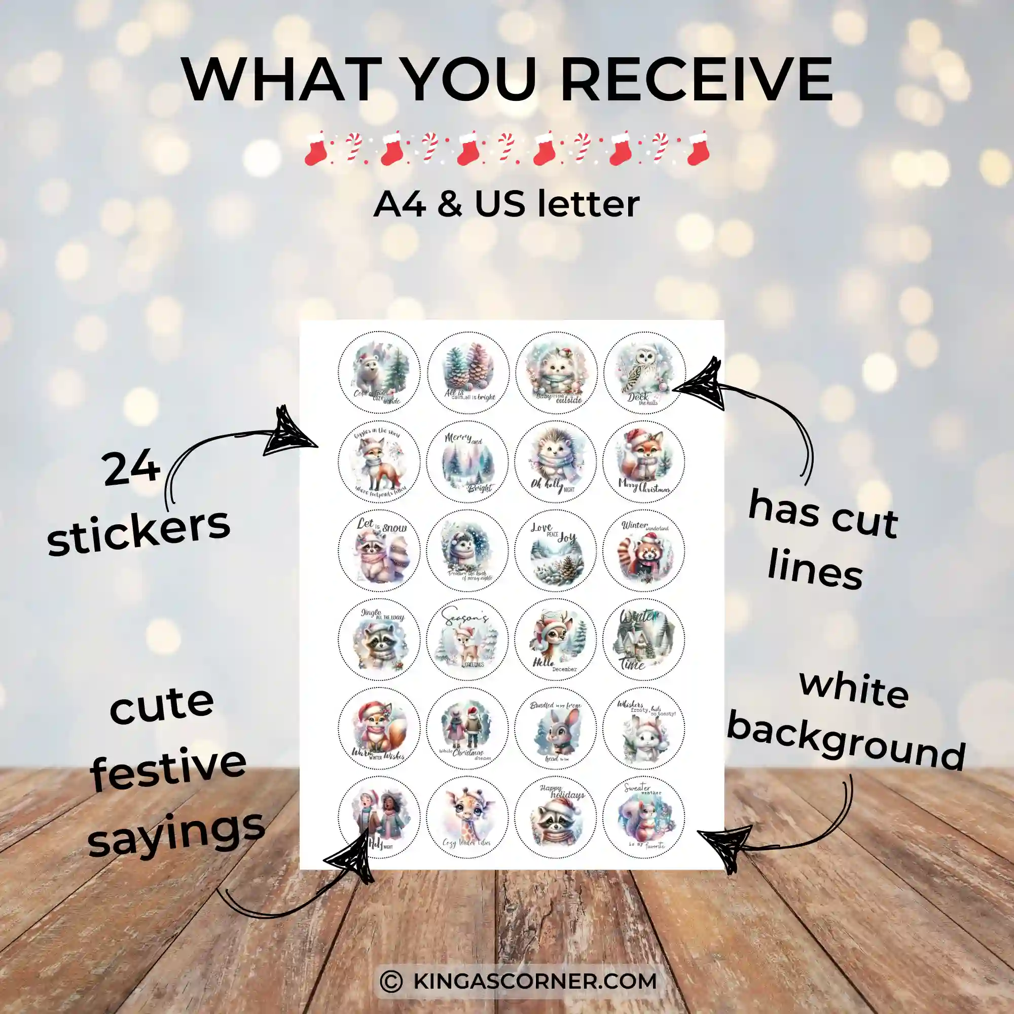 Image of a sheet titled "What You Receive" with 24 festive stickers featuring cute sayings. The sheet is A4 and US letter size, with cut lines and a white background.