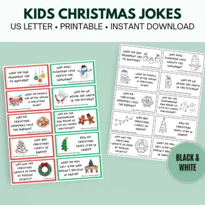 Kids Christmas Jokes (1) The 40 Kids Christmas Jokes Printable Advent Cards come in two sheets, available in color and black & white, featuring festive illustrations and holiday-themed punchlines.