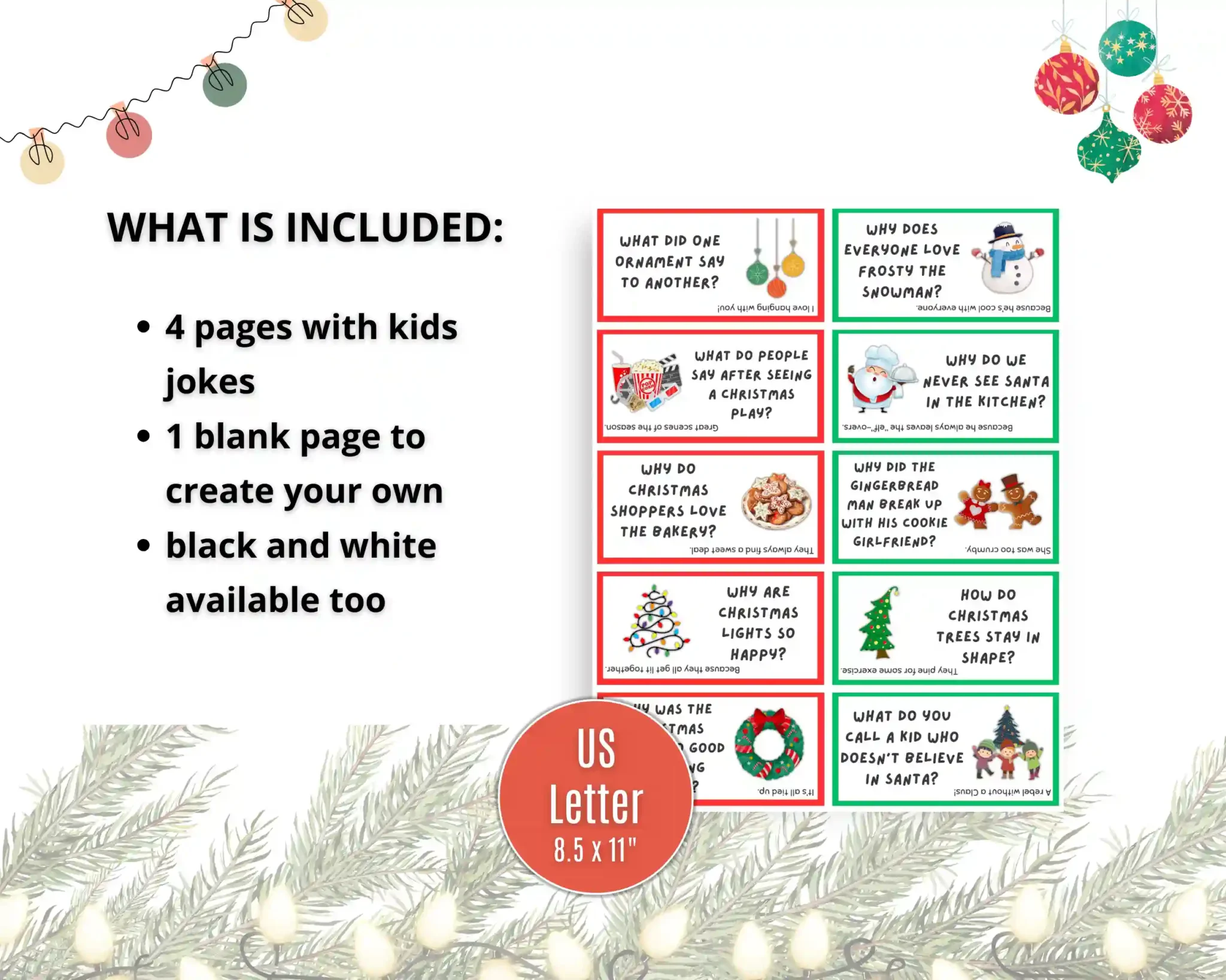 Printable sheet of children’s Christmas jokes in a fun holiday design – a festive kids’ Christmas jokes activity.