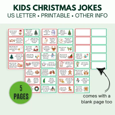 Colourful printable sheet of childrens Christmas jokes with elves, reindeer and festive icons – perfect for kids’ holiday fun.