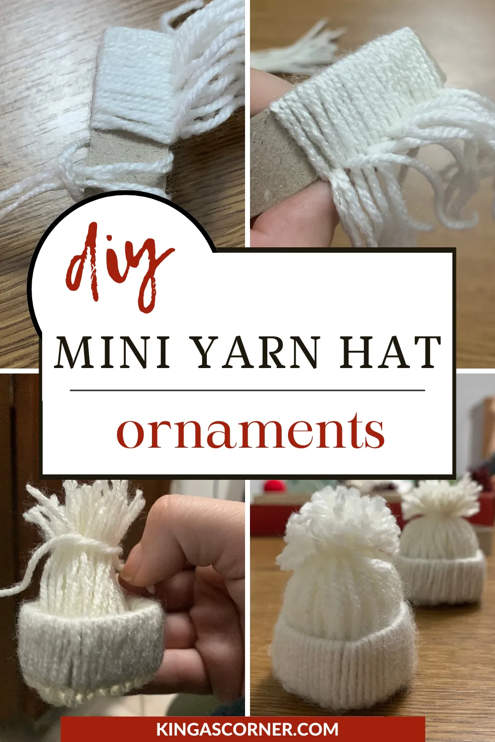 Four images showcasing the creation of charming mini yarn hat ornaments, crafted using yarn and cardboard in the process.