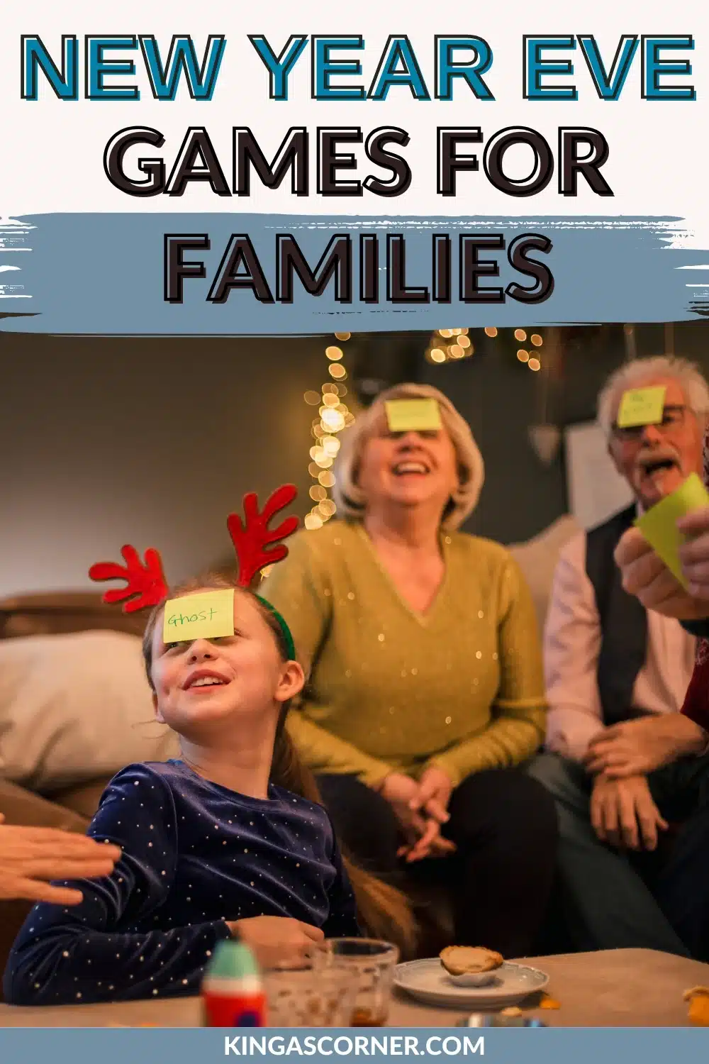 The family gathered around on New Year's Eve, joyfully playing a sticky note game. One forehead bore the word "ghost," while a child added to the fun with red reindeer antlers, sparking laughter and cheer as they celebrated together.