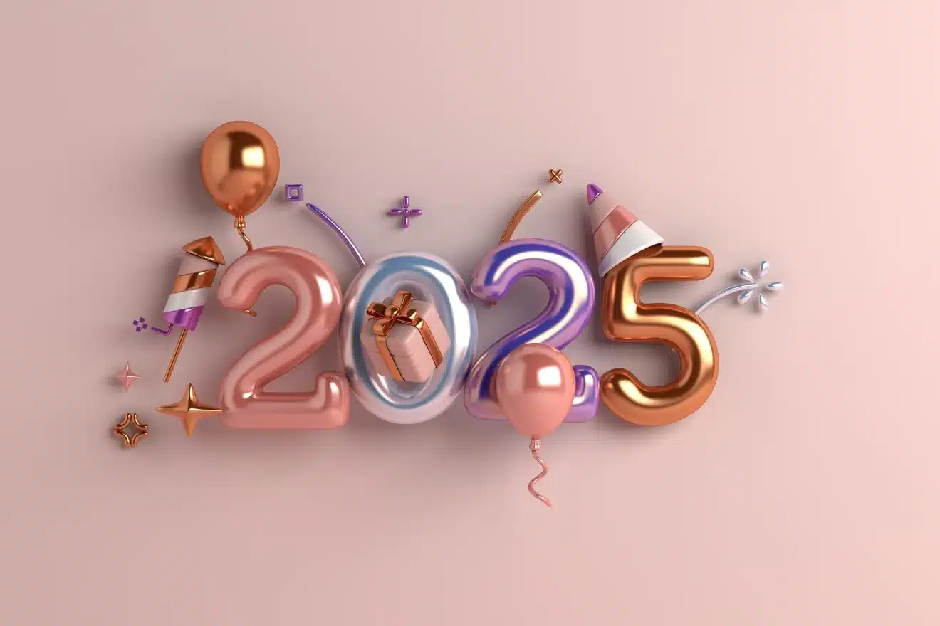 Metallic balloons form the numbers "2025" against a pink background, surrounded by balloons, ribbons, and party decorations.