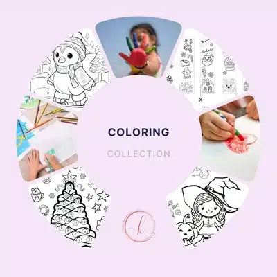 Collage of coloring activities, featuring children's hands with paint and various coloring pages including a penguin, Christmas tree, and witch.