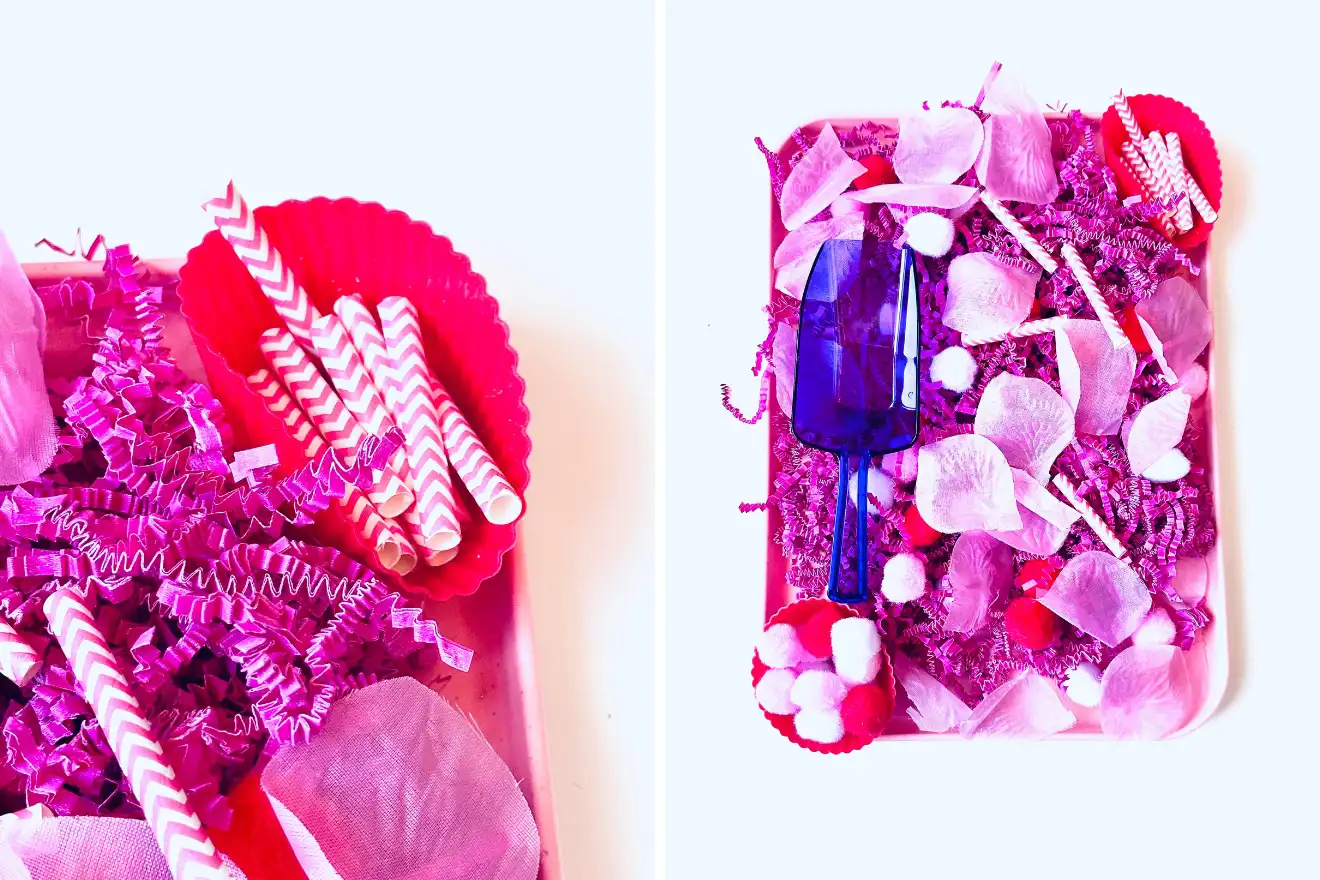 Two images: Left shows pink-striped straws in a red container. Right displays a tray with pink shredded paper, petals, a blue glass, and decorative items.