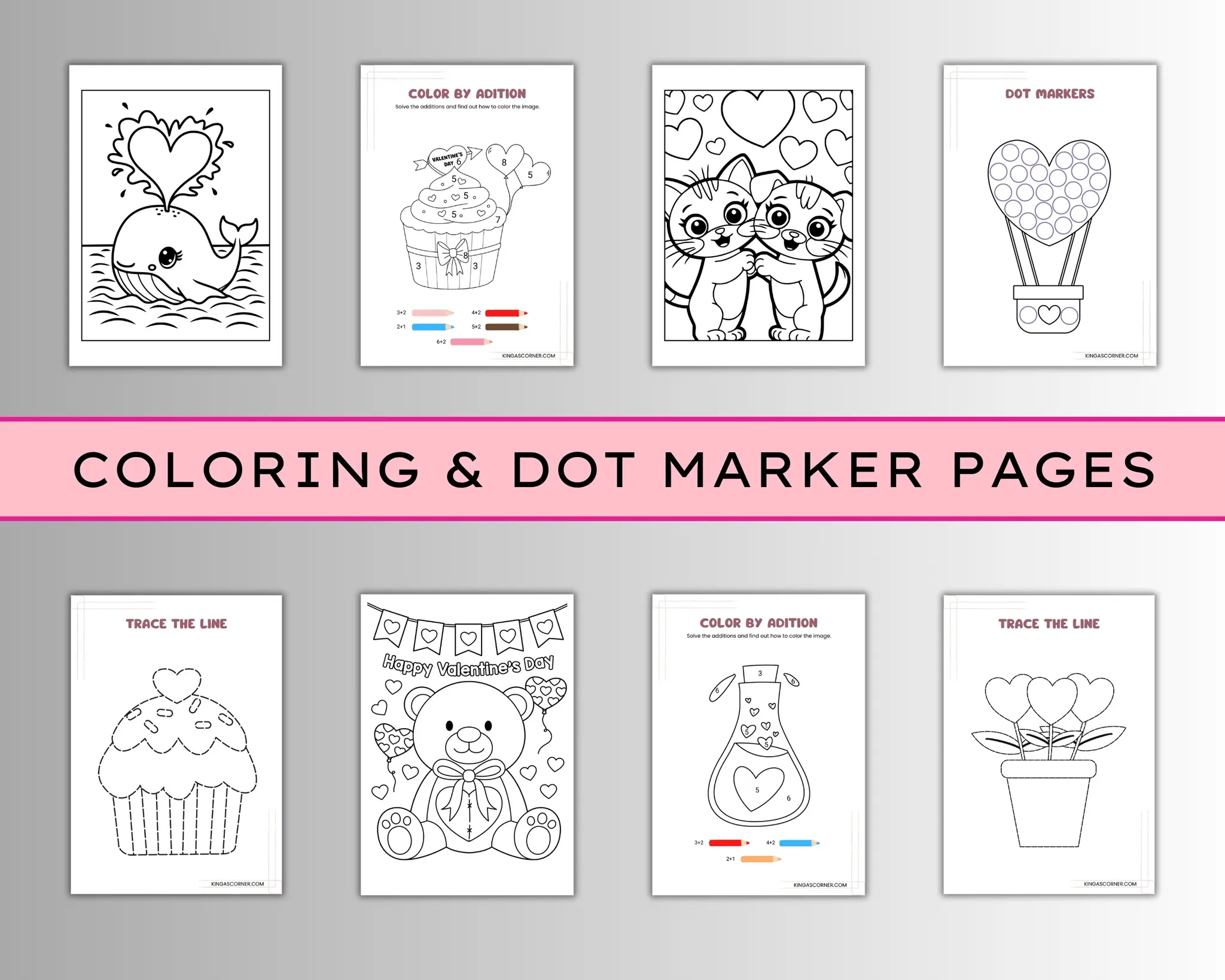 Coloring and dot marker pages, featuring outlines of animals, cupcakes, and heart-themed drawings for children.