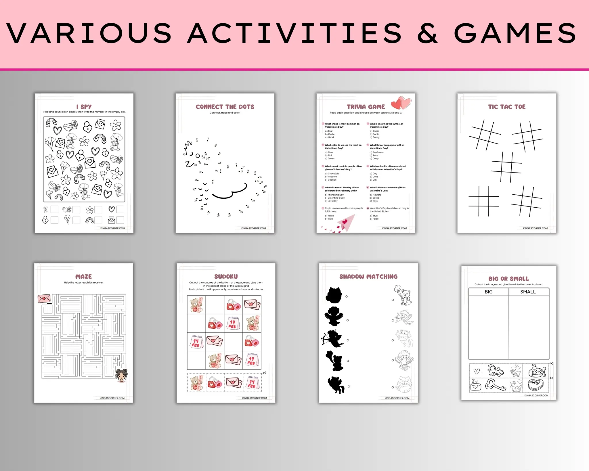 Image showing eight sheets of various activities including I Spy, Connect the Dots, Trivia Game, Tic Tac Toe, a maze, Sudoku, shadow matching, and a size comparison activity.