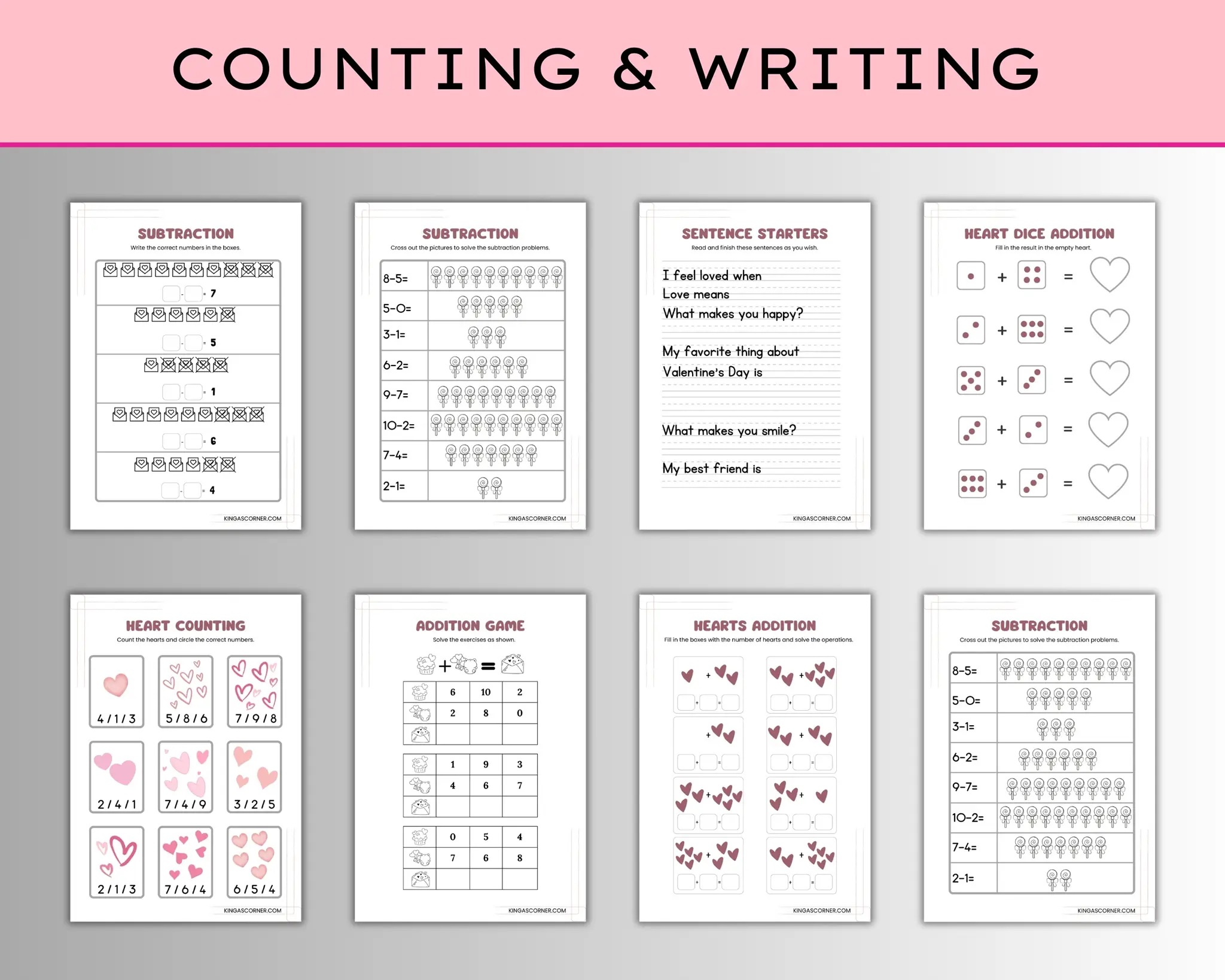 Eight educational worksheets focused on counting and writing skills, featuring subtraction, addition, sentence starters, and heart-themed exercises.