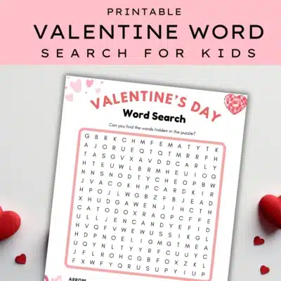 A delightful Valentine's Day word search for kids on a sheet adorned with pink and red hearts, this printable is a charming activity.