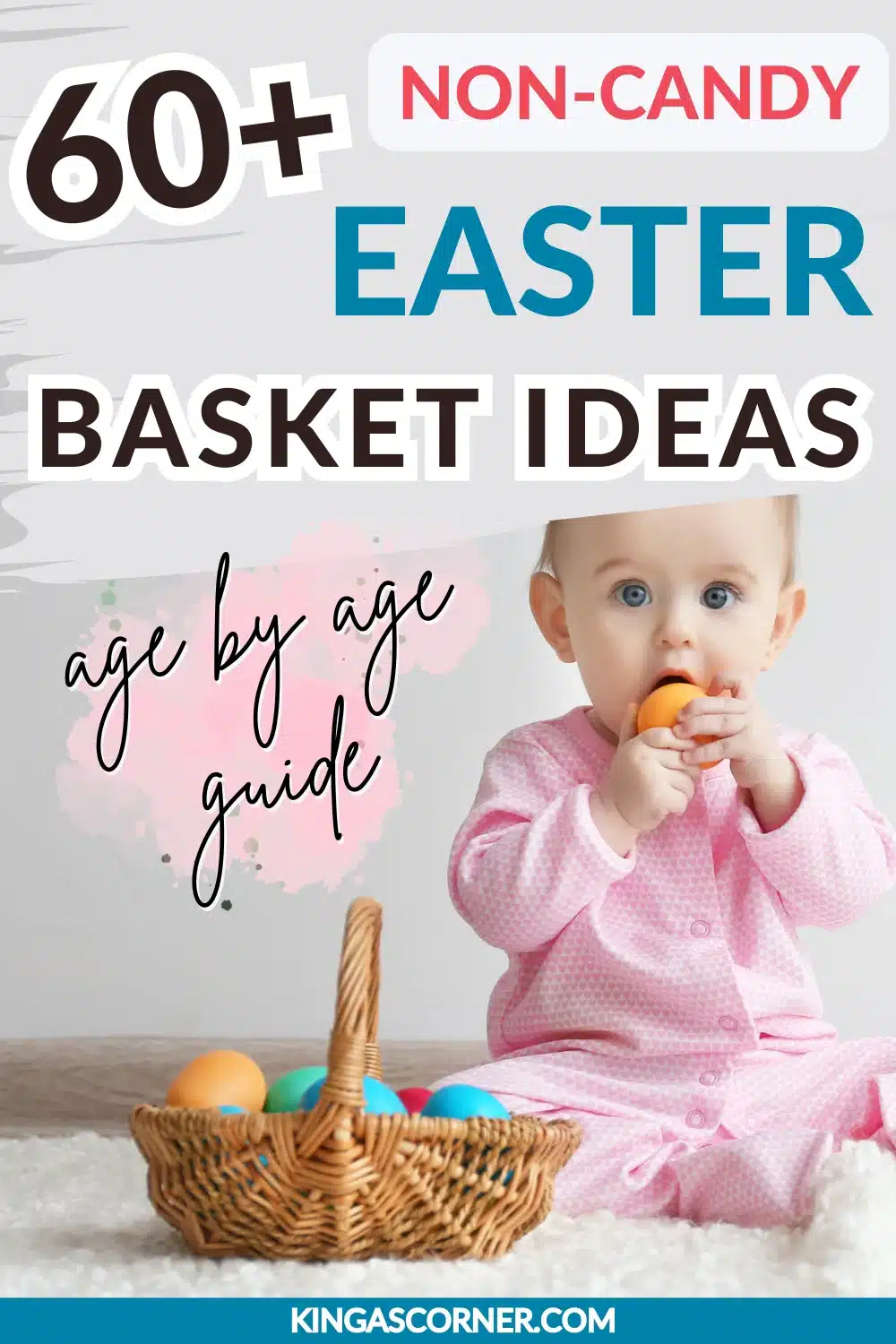 Baby in pink pajamas sitting with a wicker basket of colorful Easter eggs, next to text about non-candy Easter basket ideas by age.