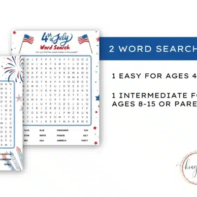 4th of July Word Search Bundle (2) Two 4th of July-themed word search puzzles, one easy for ages 4-8 and one intermediate for ages 8-15 or parents, displayed with a brief description.