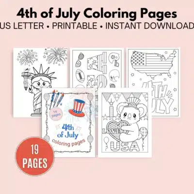 Five printable 4th of July-themed coloring pages are displayed, featuring patriotic symbols and characters, with a label indicating 19 total pages included.