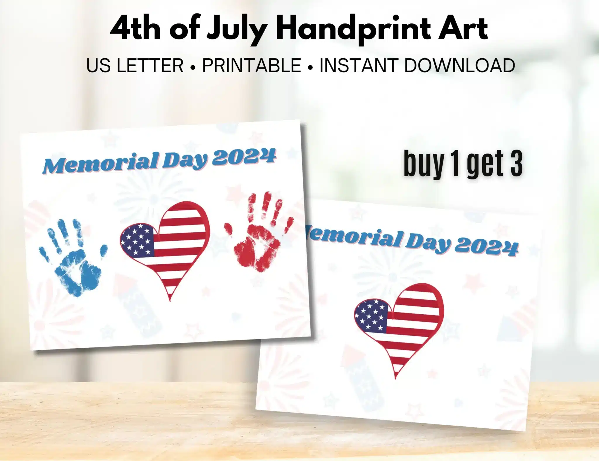 Celebrate with the 4th Of July Handprint Art 3in1 Bundle—three printable patriotic designs featuring American flag hearts and handprints. Perfect crafts for little hands this Memorial Day or Independence Day. Buy 1, get 3 included!.
