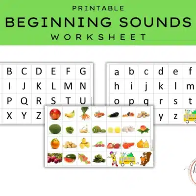 Printable beginning sounds worksheet featuring alphabet grids in uppercase and lowercase, plus images of fruits, vegetables, and objects to support phonics practice.