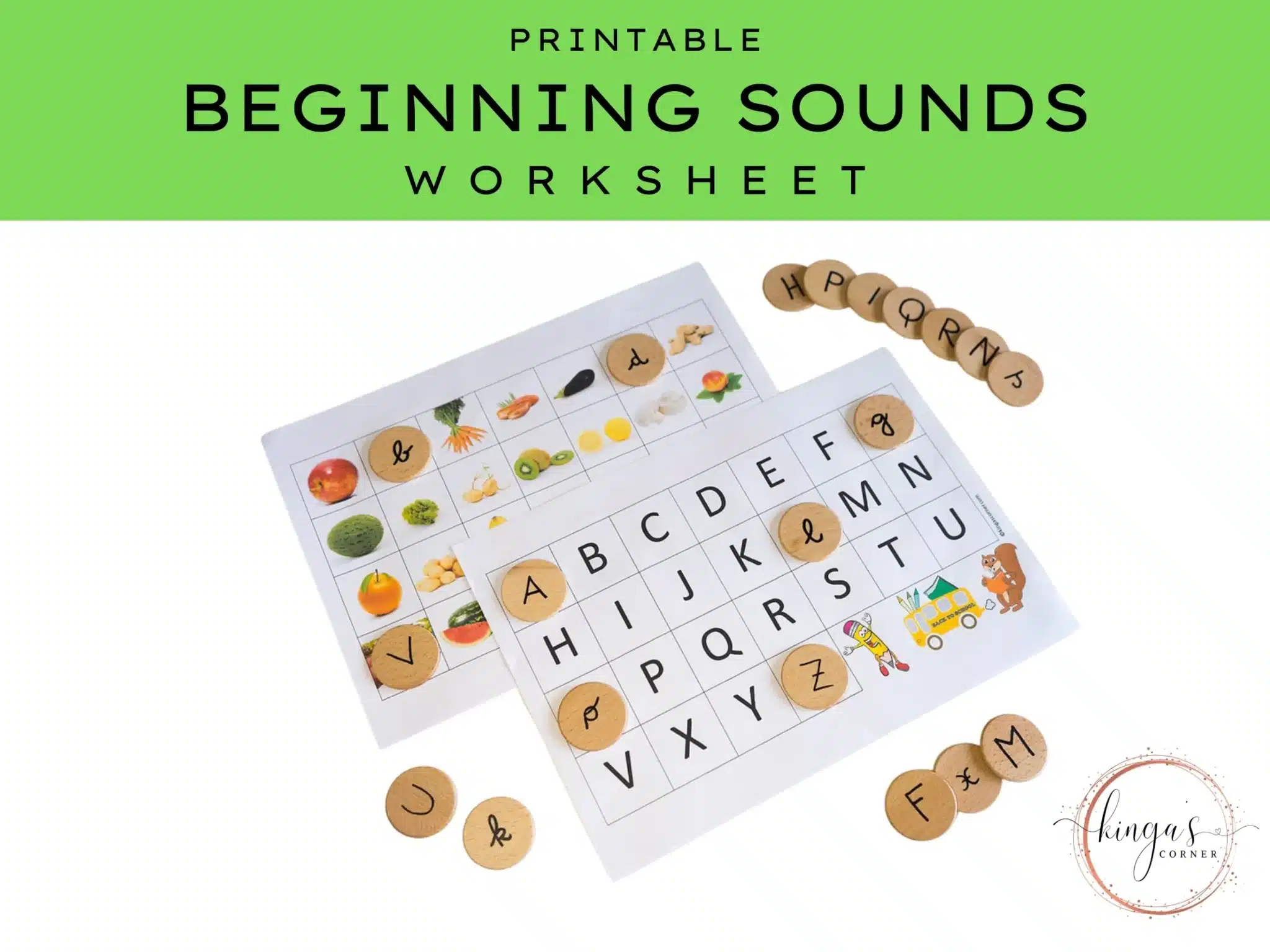 Two printable worksheets for matching beginning letter sounds with images, shown with round letter tokens placed on a white surface.