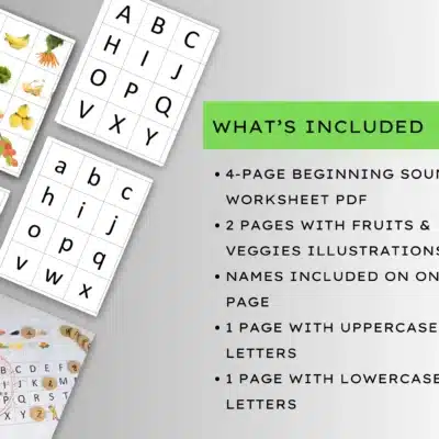 A worksheet set with fruits and vegetables illustrations, uppercase and lowercase alphabet charts, and a list titled "What's Included.