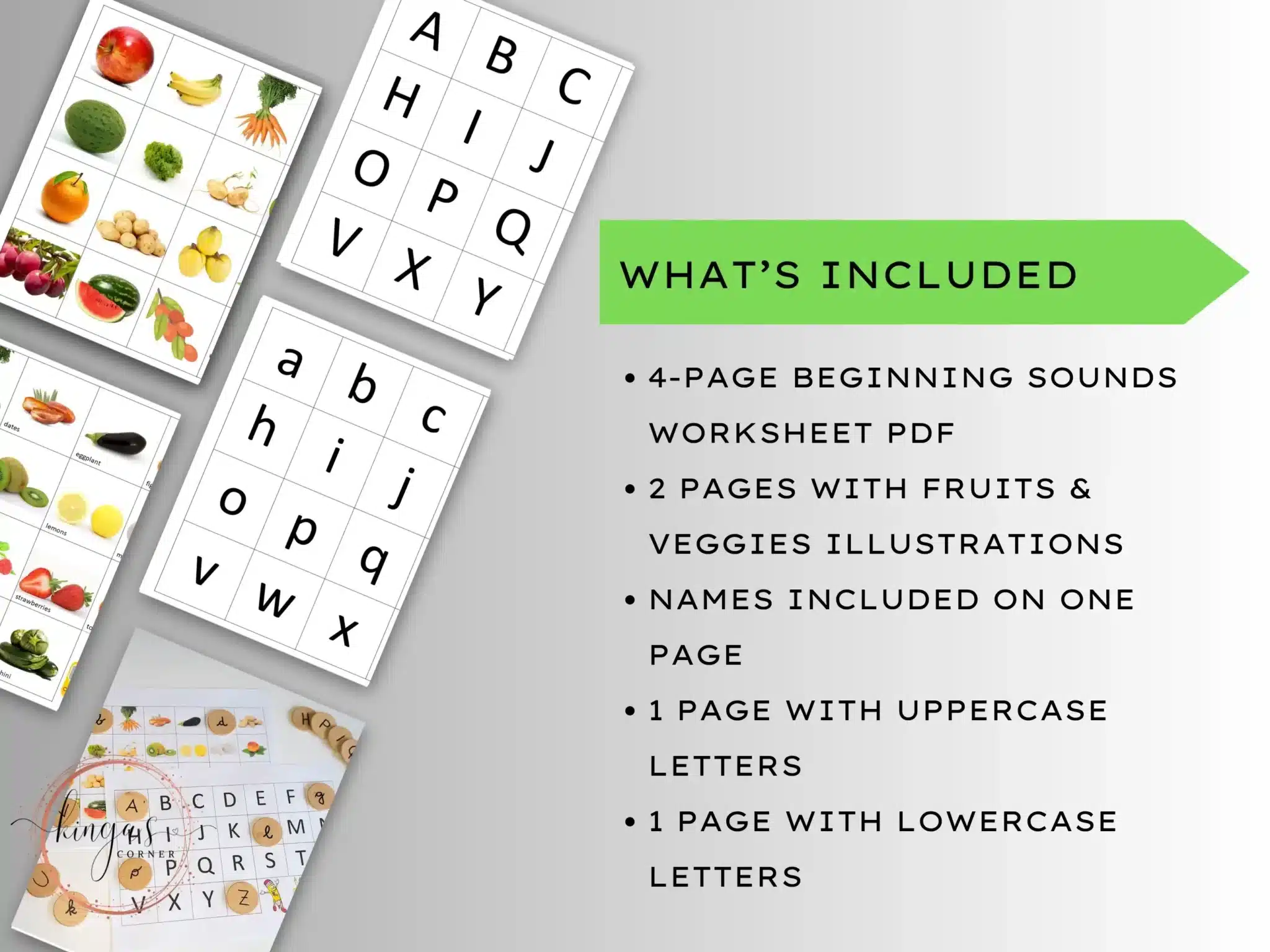 A worksheet set with fruits and vegetables illustrations, uppercase and lowercase alphabet charts, and a list titled "What's Included.