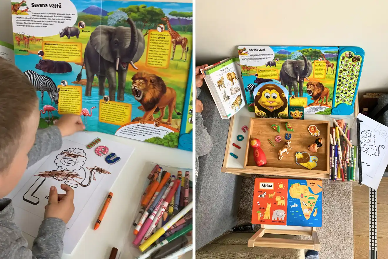 A child colors a lion drawing at a table with crayons, animal books, and wooden animal toys. An illustrated book about African wildlife is open in the background.