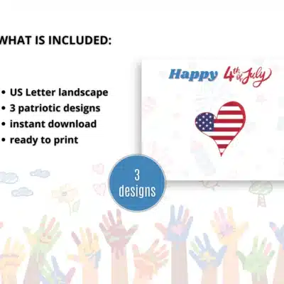 The 4th Of July Handprint Art 3in1 Bundle includes US Letter landscape pages, 3 patriotic designs, instant download, ready to print—a card features an American flag heart and "Happy 4th of July" text. Great for festive coloring activities!.