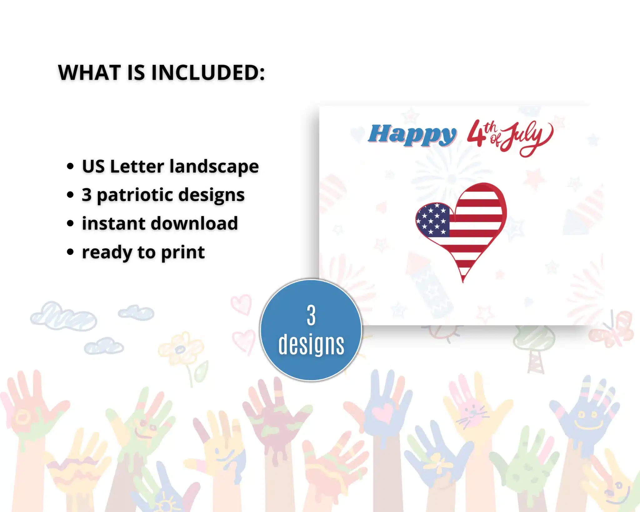 The 4th Of July Handprint Art 3in1 Bundle includes US Letter landscape pages, 3 patriotic designs, instant download, ready to print—a card features an American flag heart and "Happy 4th of July" text. Great for festive coloring activities!.