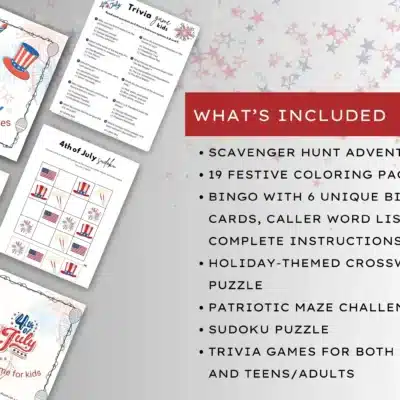 4th-of-july-printable-activities-(1) Sample pages from a 4th of July activity pack are shown next to a list highlighting scavenger hunts, coloring pages, puzzles, bingo cards, and trivia games included in the set.