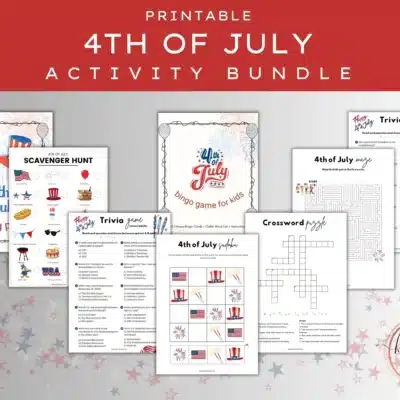 Printable 4th of July activity bundle featuring 4th of July printable activities like coloring pages, scavenger hunt, bingo, trivia, maze, and crossword puzzles on a red and white background.