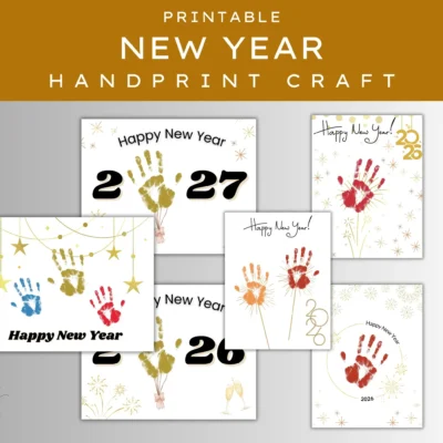 A set of printable New Year Handprint Craft templates, each featuring colorful handprints, 2026 greetings, and various festive decorations—perfect for creating lasting memories.