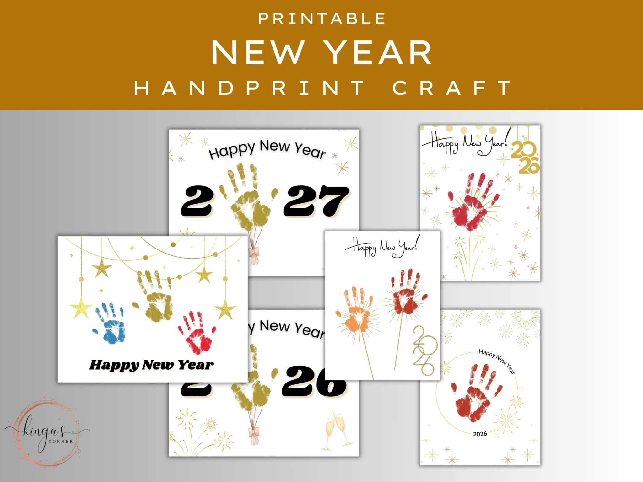 A set of printable New Year Handprint Craft templates, each featuring colorful handprints, 2026 greetings, and various festive decorations—perfect for creating lasting memories.