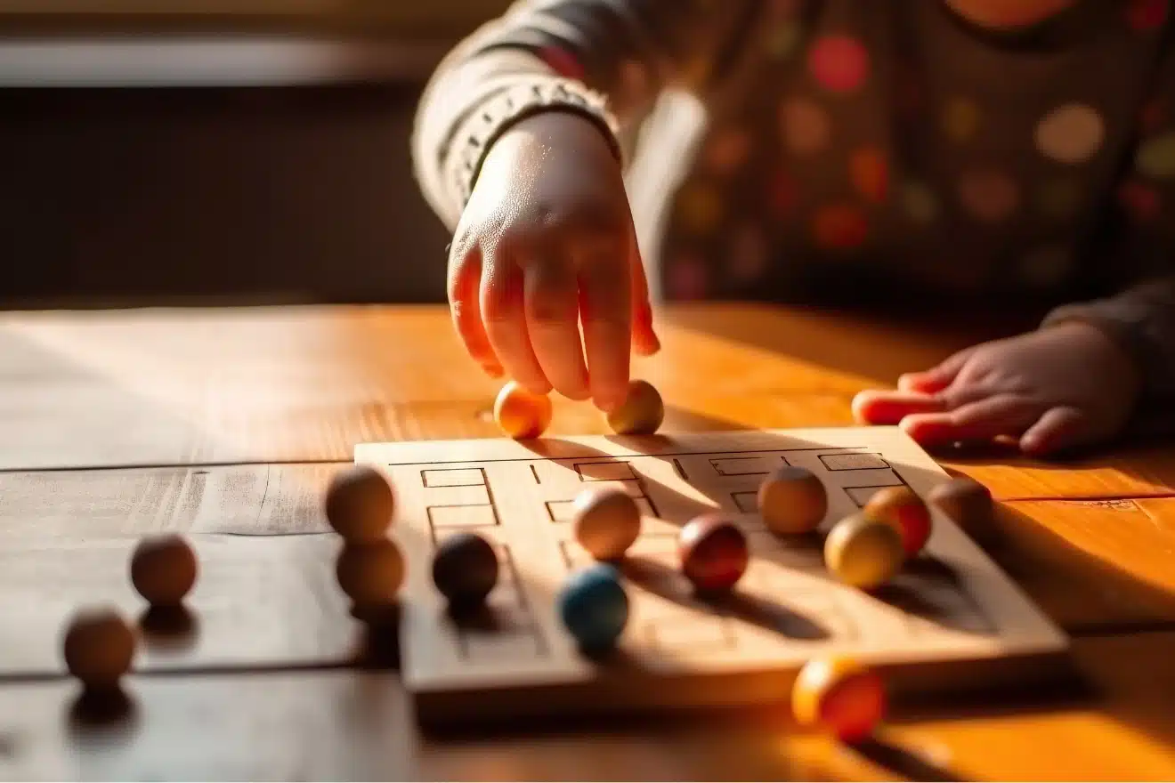 A child’s hand places wooden balls on a puzzle board with scattered balls on a sunlit wooden table.