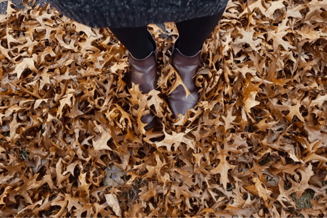 Person wearing brown boots and black leggings standing among dry, fallen autumn leaves viewed from above.
