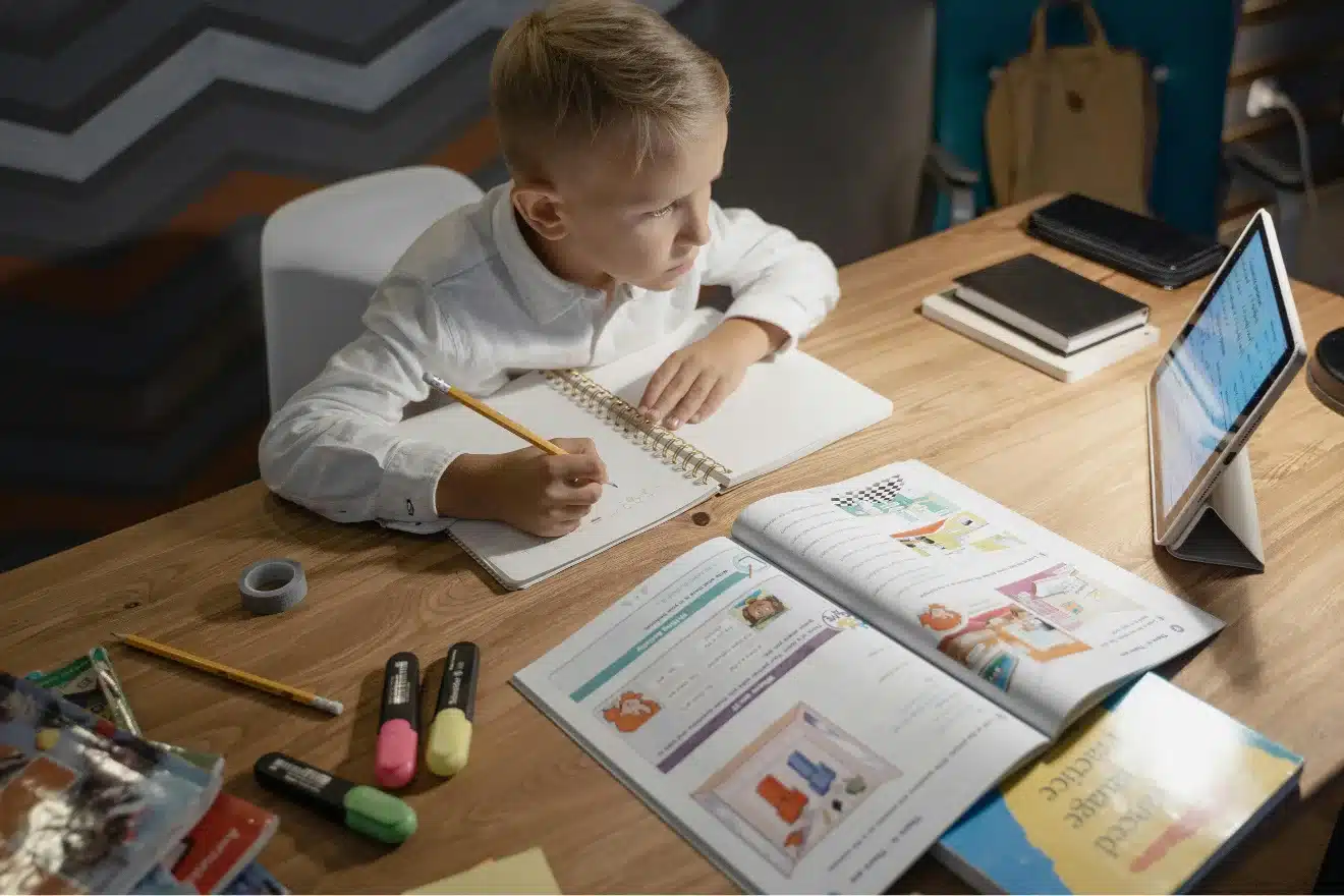 A young boy sits at a desk, writing in a notebook while looking at a tablet. Open books, highlighters, and school supplies are spread out in front of him.