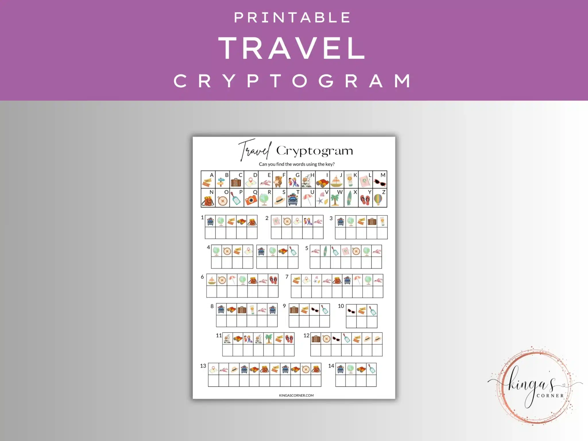 The "Travel Cryptogram Printable: Adventure Awaits in Secret Code" worksheet features illustrated symbols in boxes on a stylish purple and gray background, perfect for travel-themed secret code fun.
