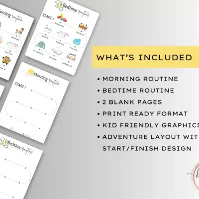 daily routines game (1) Image showing printable routine charts for kids with graphics, a yellow "What's Included" box, and a list detailing features like routines, blank pages, and adventure-themed design.