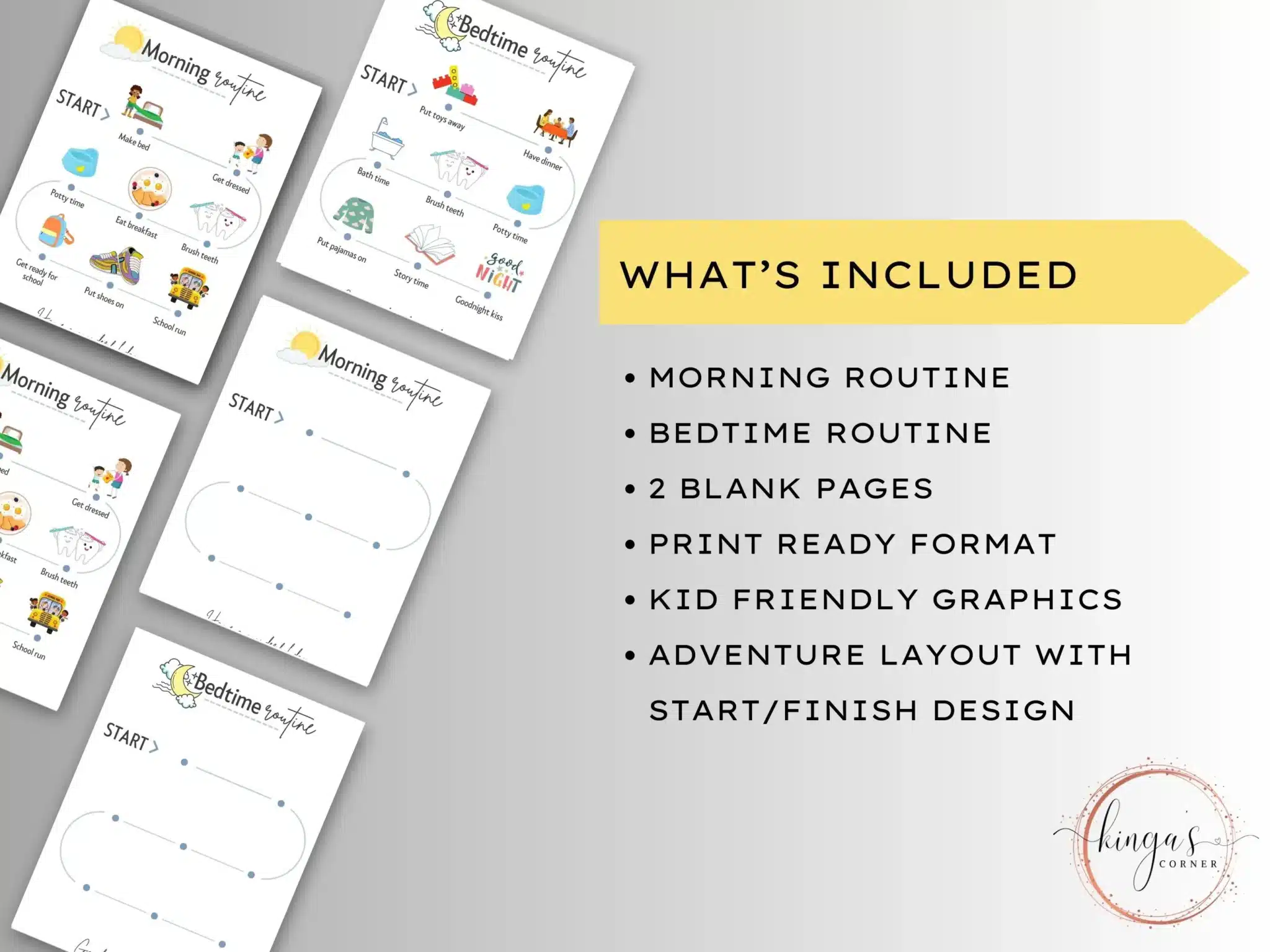 Image showing printable routine charts for kids with graphics, a yellow "What's Included" box, and a list detailing features like routines, blank pages, and adventure-themed design.