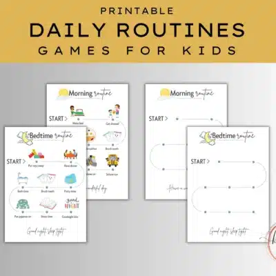 Printable daily routines game sheets for kids, featuring morning and bedtime routines with illustrated steps and simple progress paths on each page, make learning habits fun and engaging.