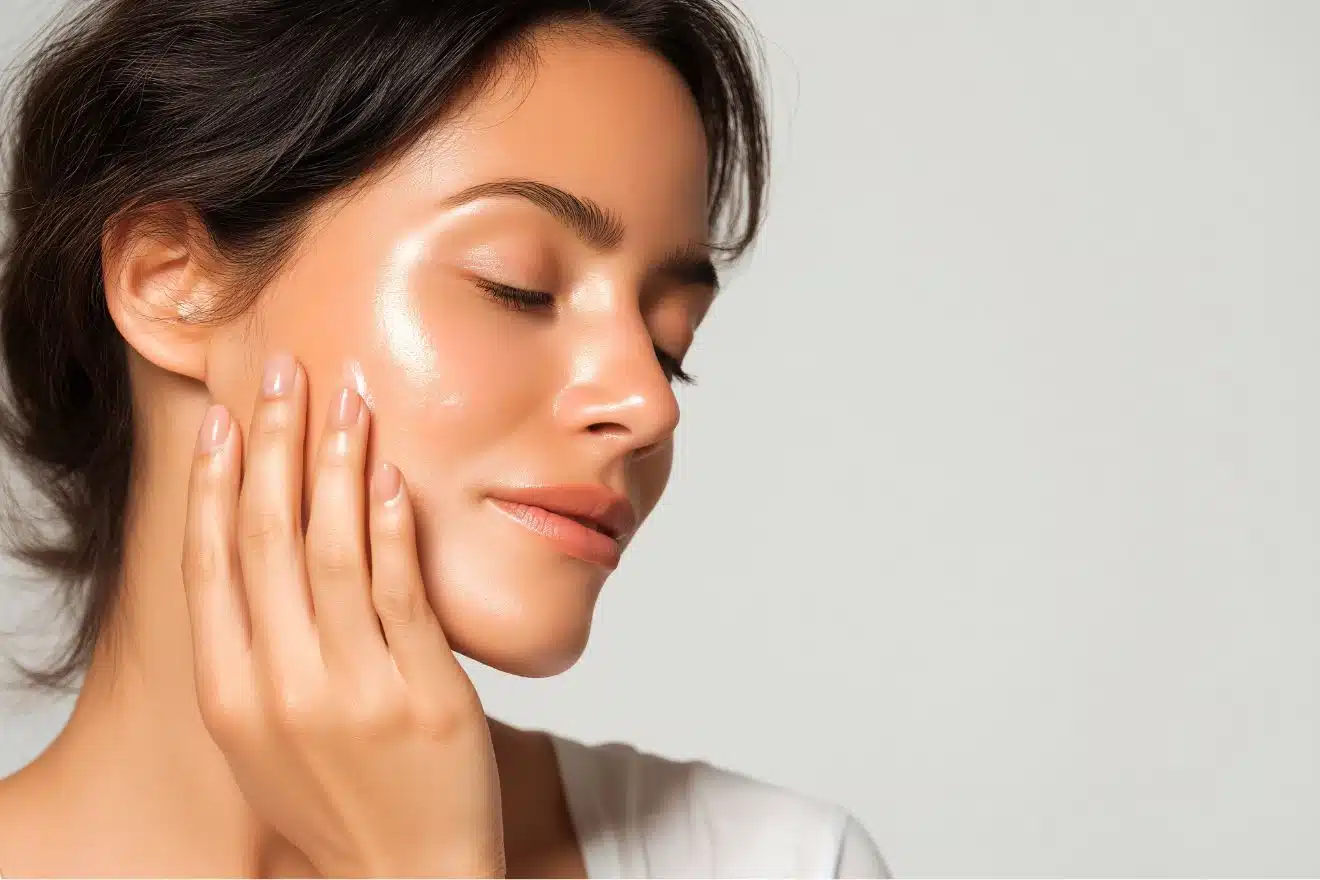 Woman with glowing, healthy skin touching her face gently, eyes closed, against a plain light background. coconut oil for skin