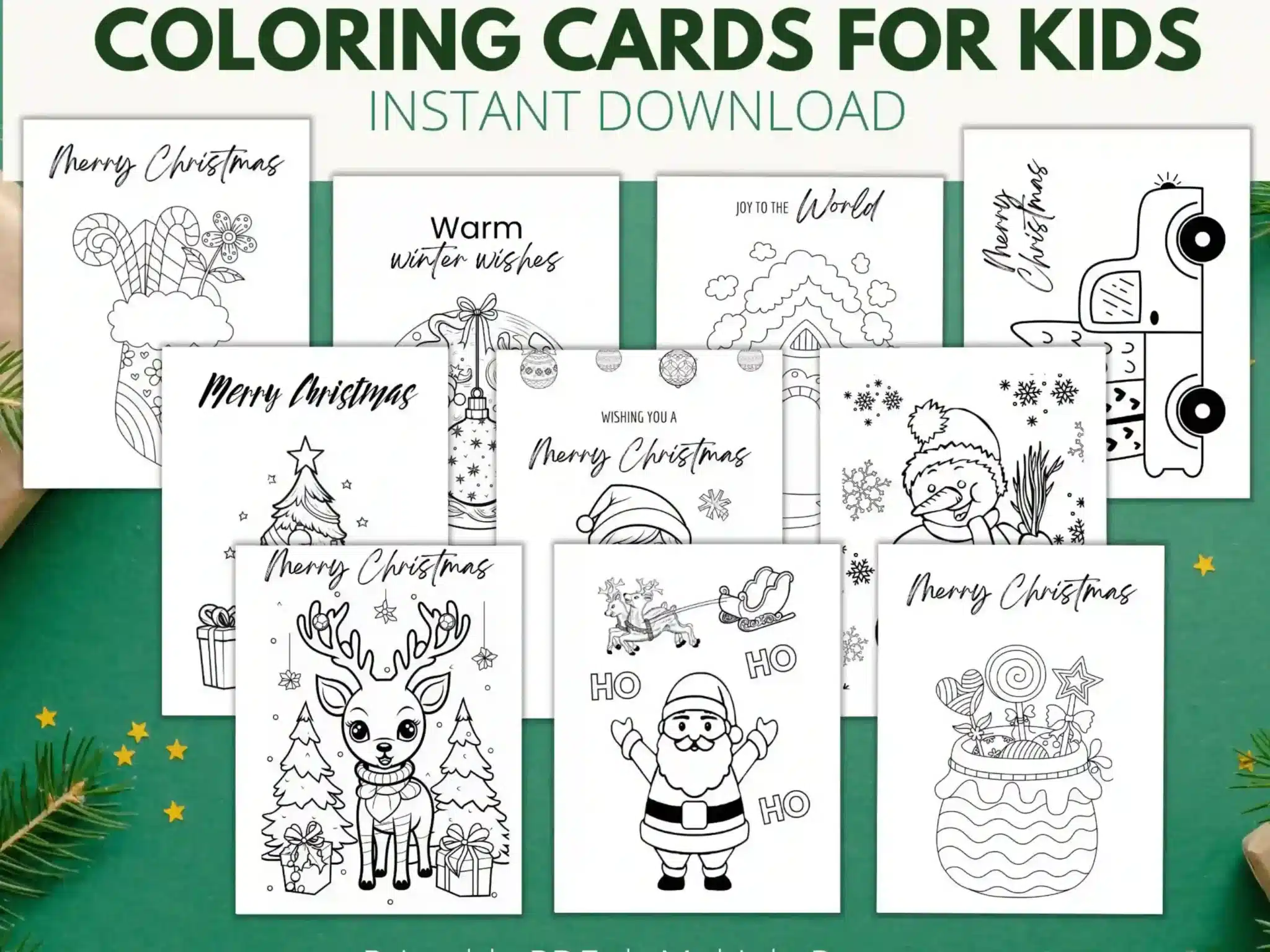 Set of printable Christmas coloring cards for kids featuring festive designs like Santa, reindeer, snowmen, gingerbread houses, and holiday stockings — christmas coloring cards for instant download.