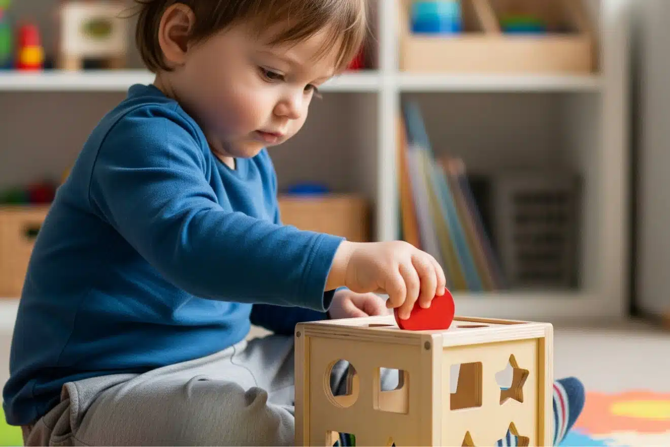 A toddler sits indoors, placing a red circular block into a shape sorting toy.