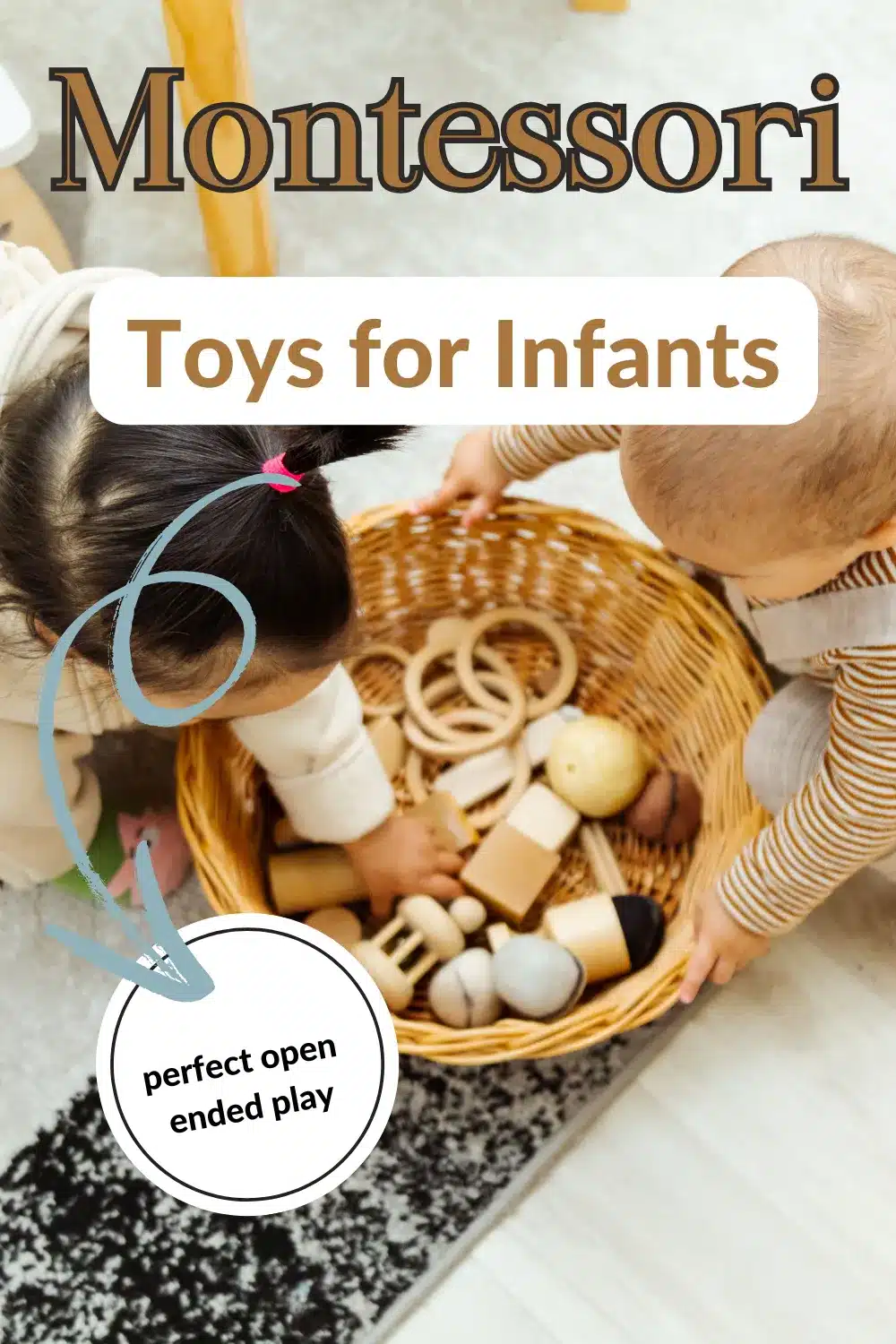 Two children happily playing with colorful toys in a basket, with text overlay: "Montessori toys for infants."