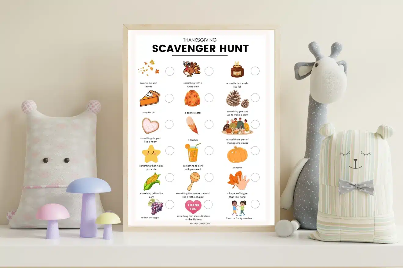 A Thanksgiving scavenger hunt checklist in a frame sits on a shelf, surrounded by plush toys and decorative mushrooms.