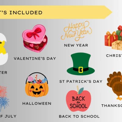 image with various icons showcasing the theme of each holiday for this holiday worksheets bundle