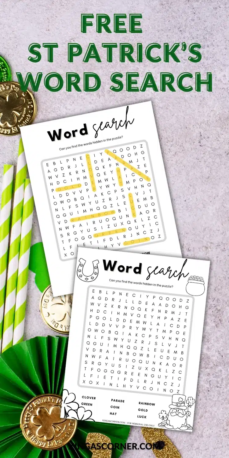 Two St. Patrick’s Day-themed word search worksheets, one completed and one blank, are displayed on a marble surface with green and gold decorations and striped straws.
